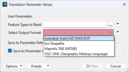 Using the restricted options for Output Format